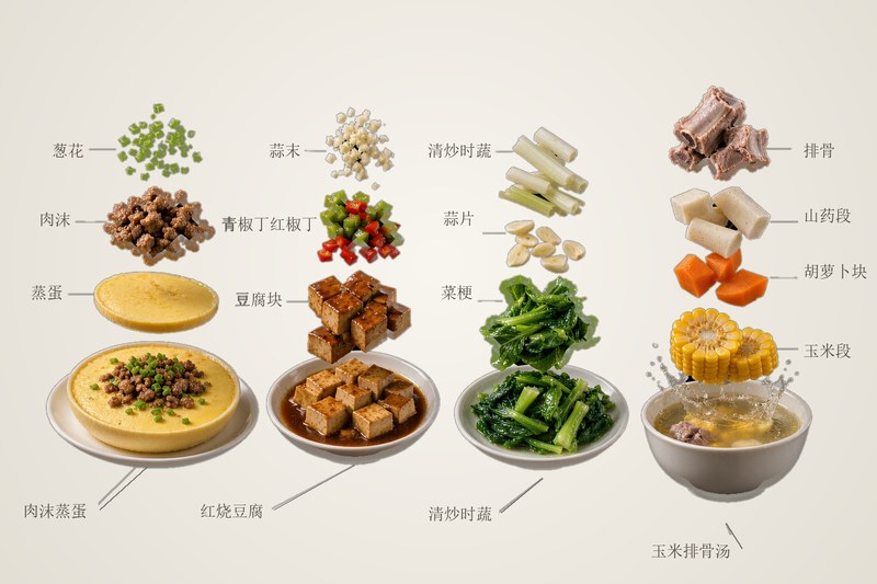两餐两点营养膳食(肉沫蒸蛋/红烧豆腐/清炒时蔬/玉米排骨汤)